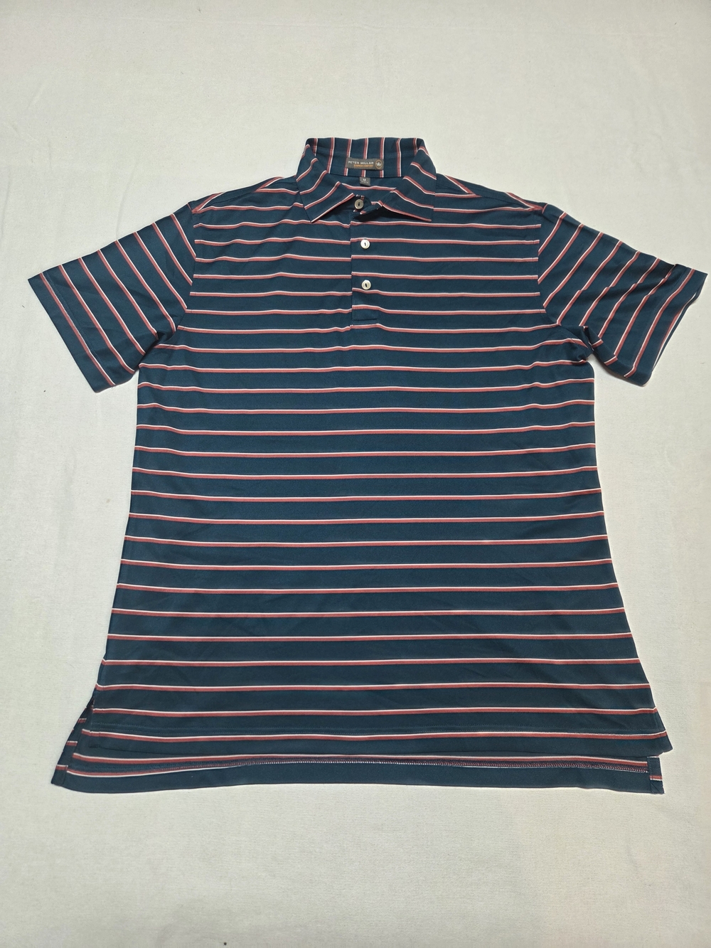 Peter Millar Navy Polo with Pink and White Stripes Summer Comfort Size L